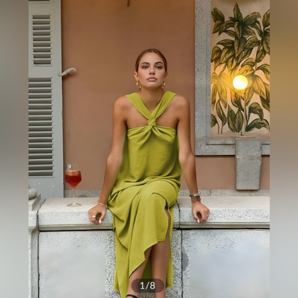 Commense Olive Green Twist Halter Midi Dress